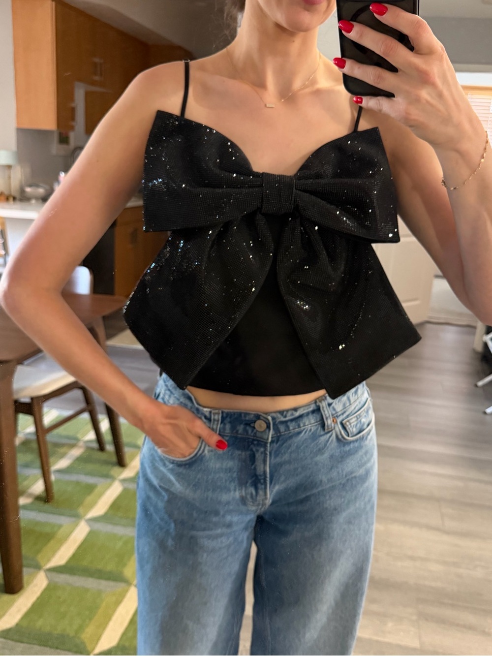 NWT Zara Black Bow-Front Sparkle Cami Top - Women
